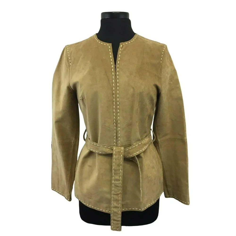 INC Coat M Brown Tan Genuine Leather Belted Boho Womens - Picture 1 of 12